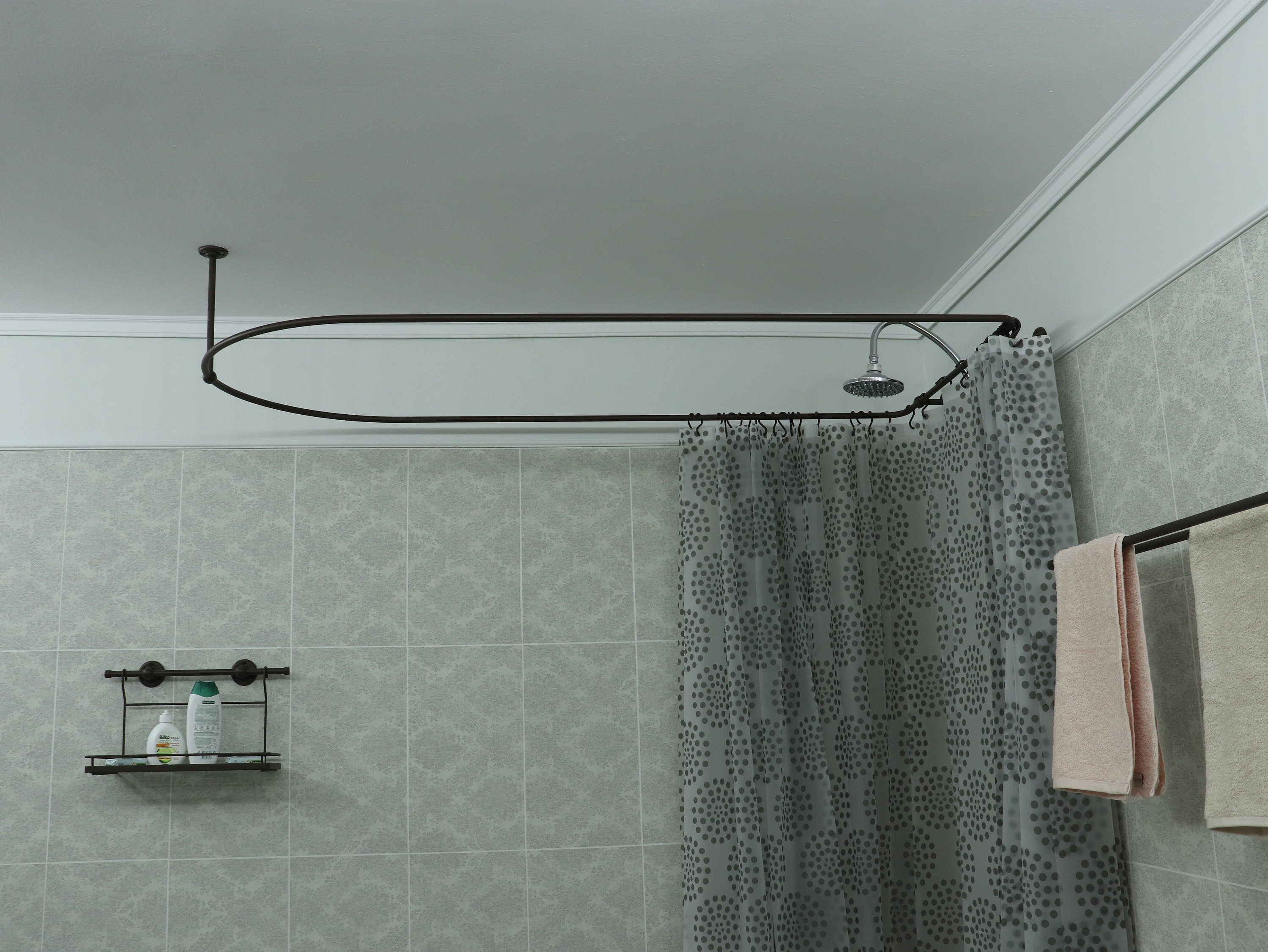 Semi Oval & Square Shaped 360 degrees Shower Curtain Rod for Bathroom with 1x Front Ceiling Bracket and 2x Back Wall Brackets at Custom Size