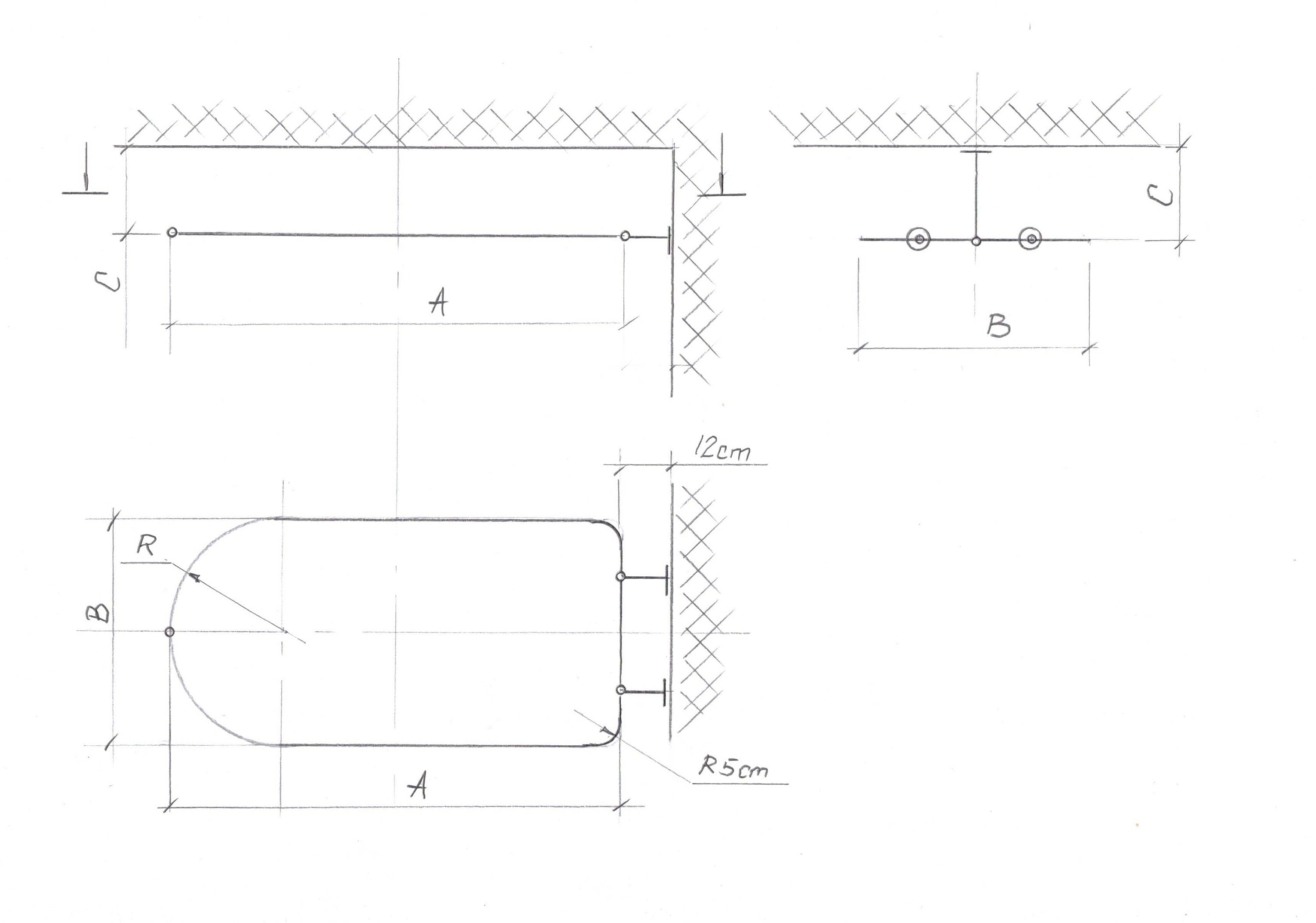 Semi Oval & Square Shaped 360 degrees Shower Curtain Rod for Bathroom with 1x Front Ceiling Bracket and 2x Back Wall Brackets at Custom Size