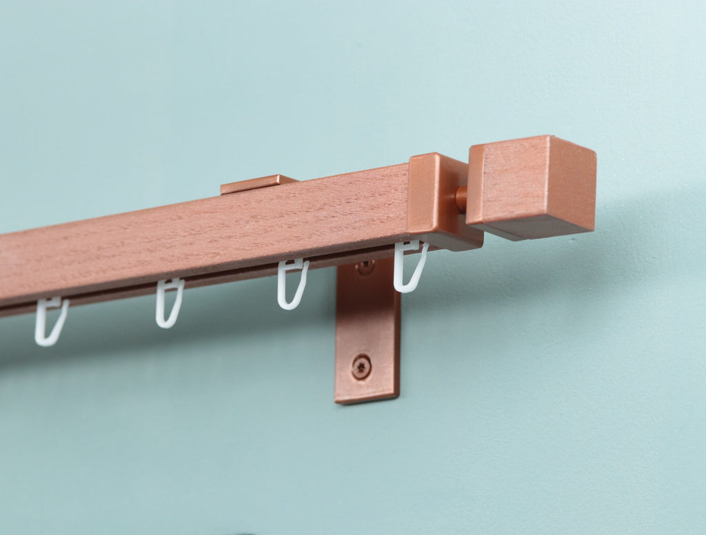Single Wooden Window Rail, Veneered MDF OAK Profile and Aluminum Rail with Hook Rollers, Wall Brackets, Cube Ends and Metallic Color Finish