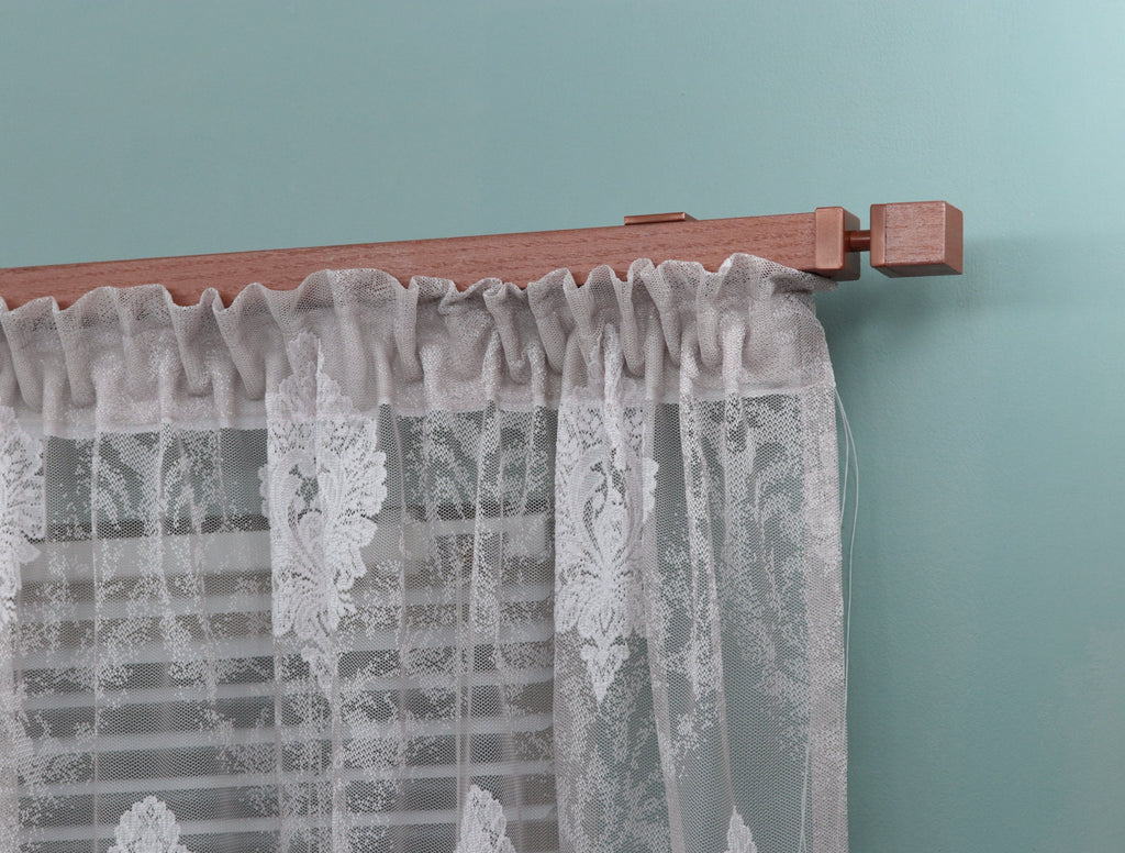 Single Wooden Window Rail, Veneered MDF OAK Profile and Aluminum Rail with Hook Rollers, Wall Brackets, Cube Ends and Metallic Color Finish