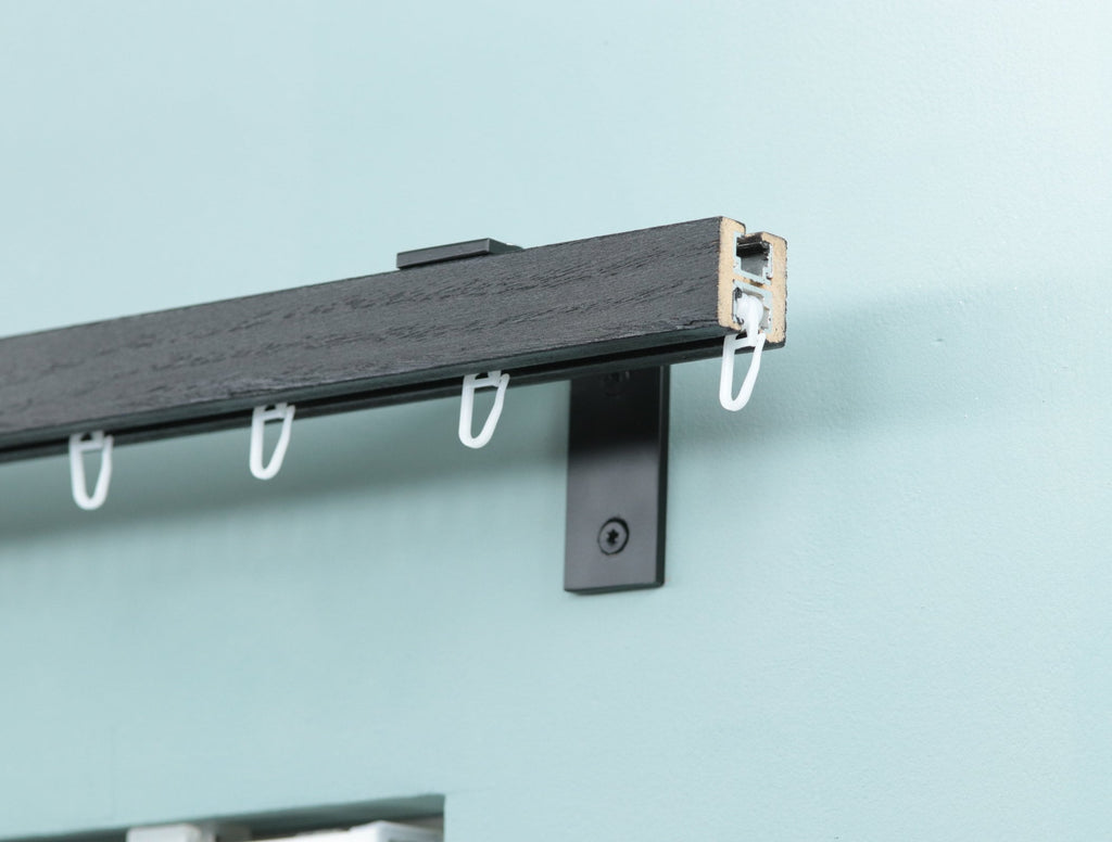 Single Wooden Window Rail, Veneered MDF OAK Profile and Aluminum Rail with Hook Rollers, Wall Brackets, Plug Ends and Metallic Color Finish