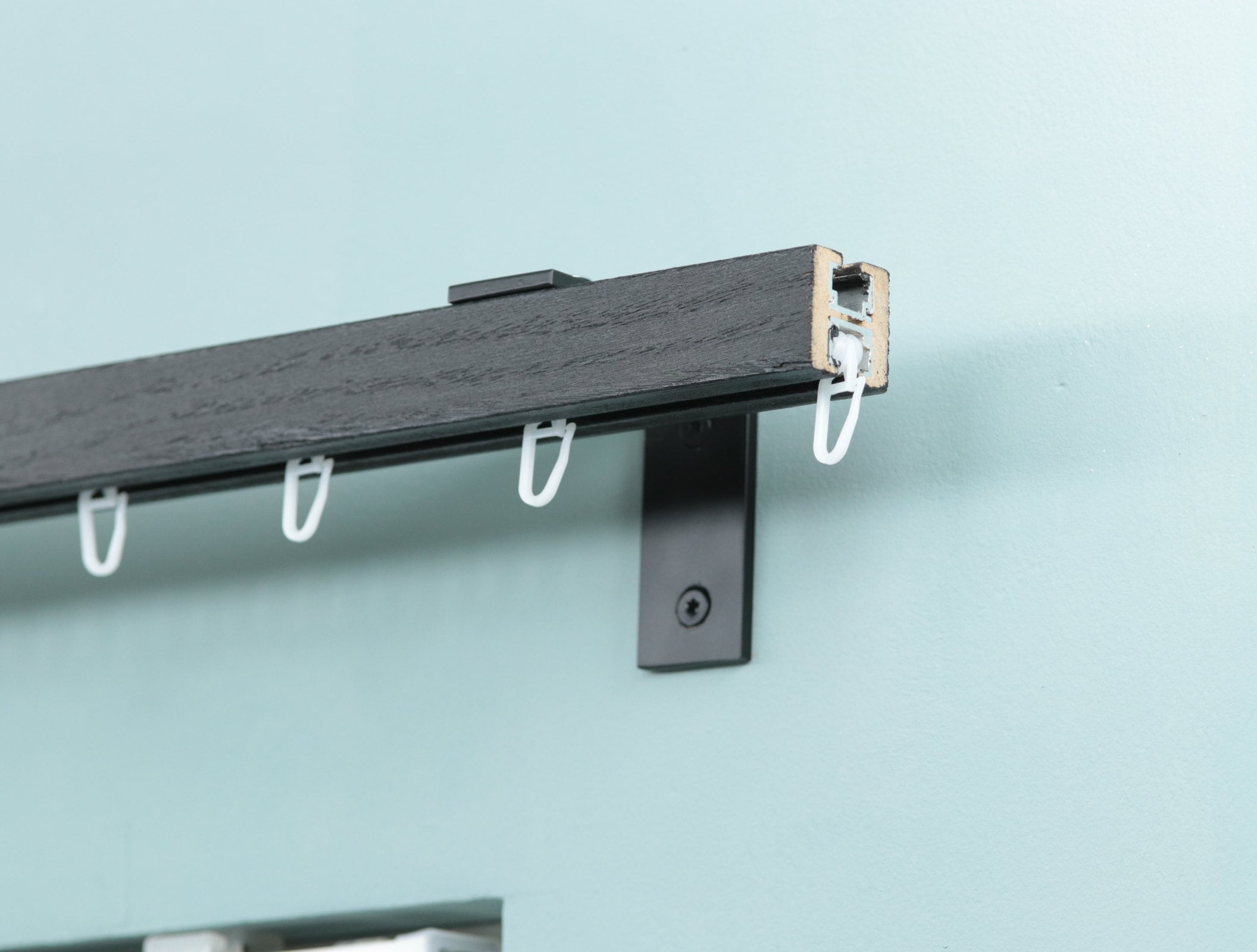 Single Wooden Window Rail, Veneered MDF OAK Profile and Aluminum Rail with Hook Rollers, Wall Brackets, Plug Ends and Metallic Color Finish