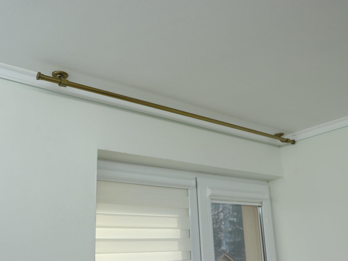 Removable Single Curtain Rod for Window, Curved Ceiling Brackets and Plug Ends