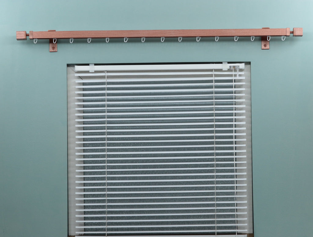 Single Wooden Window Rail, Veneered MDF OAK Profile and Aluminum Rail with Hook Rollers, Wall Brackets, Cube Ends and Metallic Color Finish