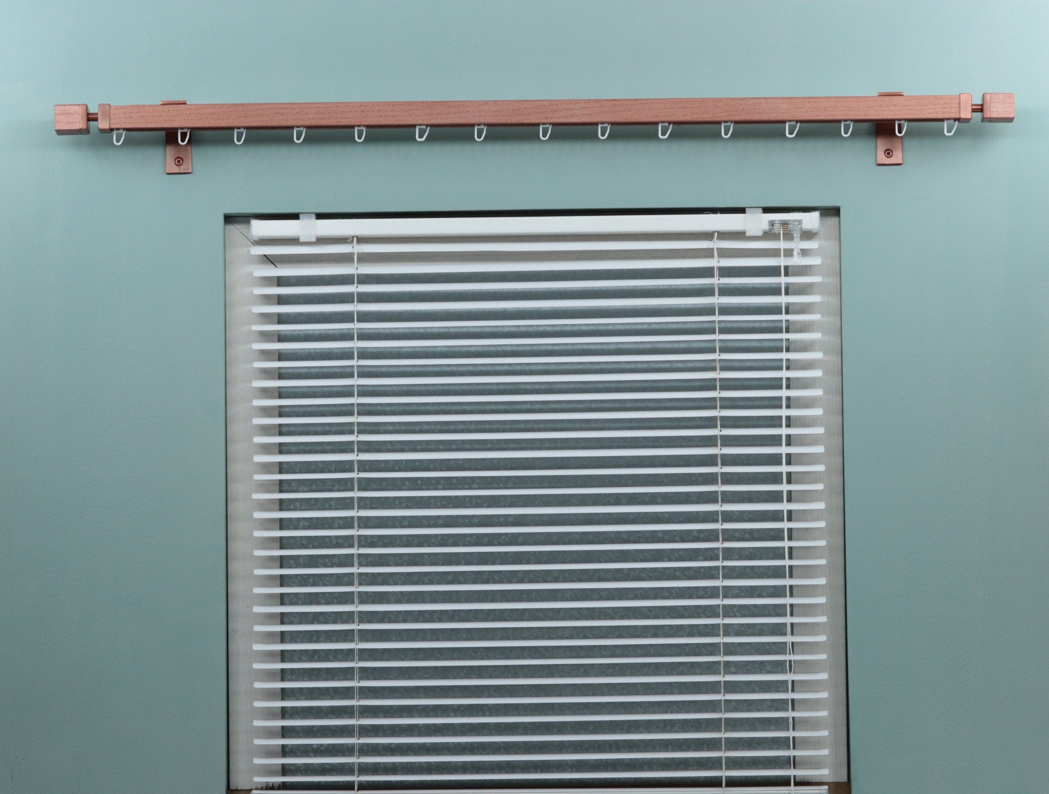 Single Wooden Window Rail, Veneered MDF OAK Profile and Aluminum Rail with Hook Rollers, Wall Brackets, Cube Ends and Metallic Color Finish