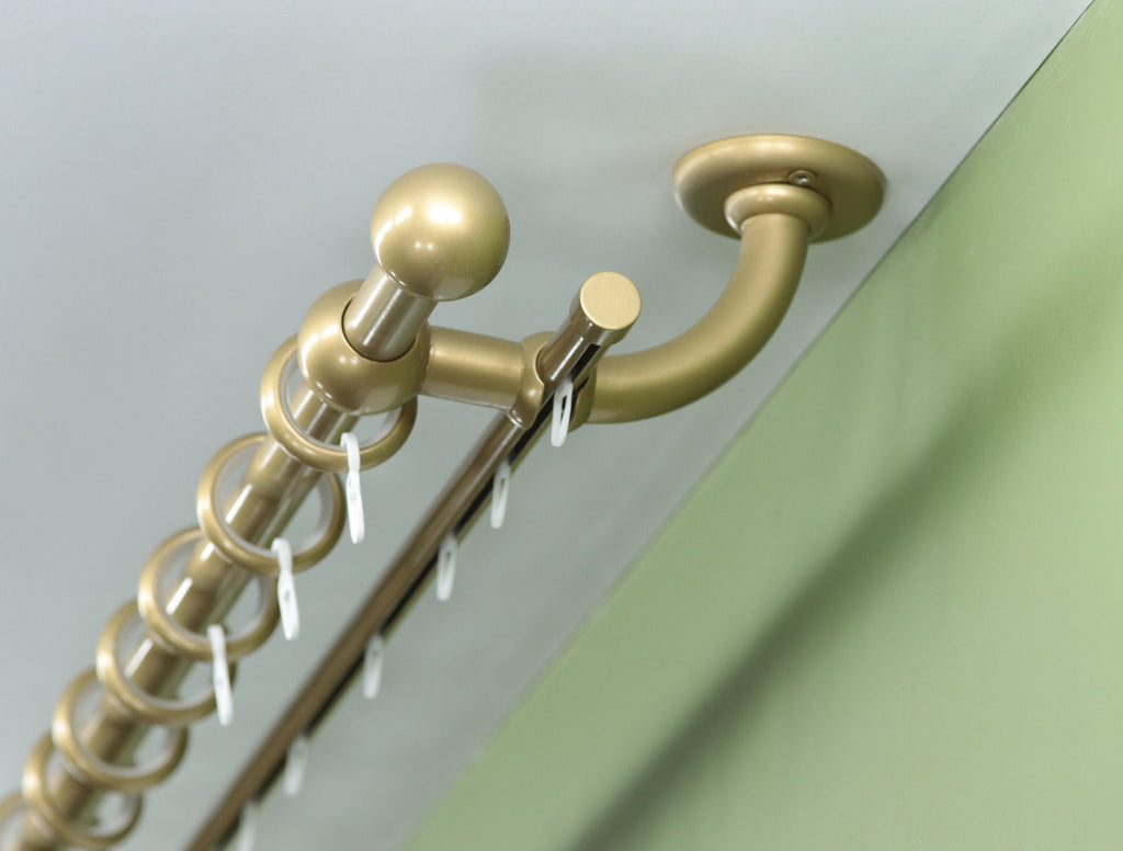 Double Curtain Rod & Rail with Different Pipes for Window, Steel Rings and Hooks, Rollers, Double Curved Ceiling Brackets and Ball Ends