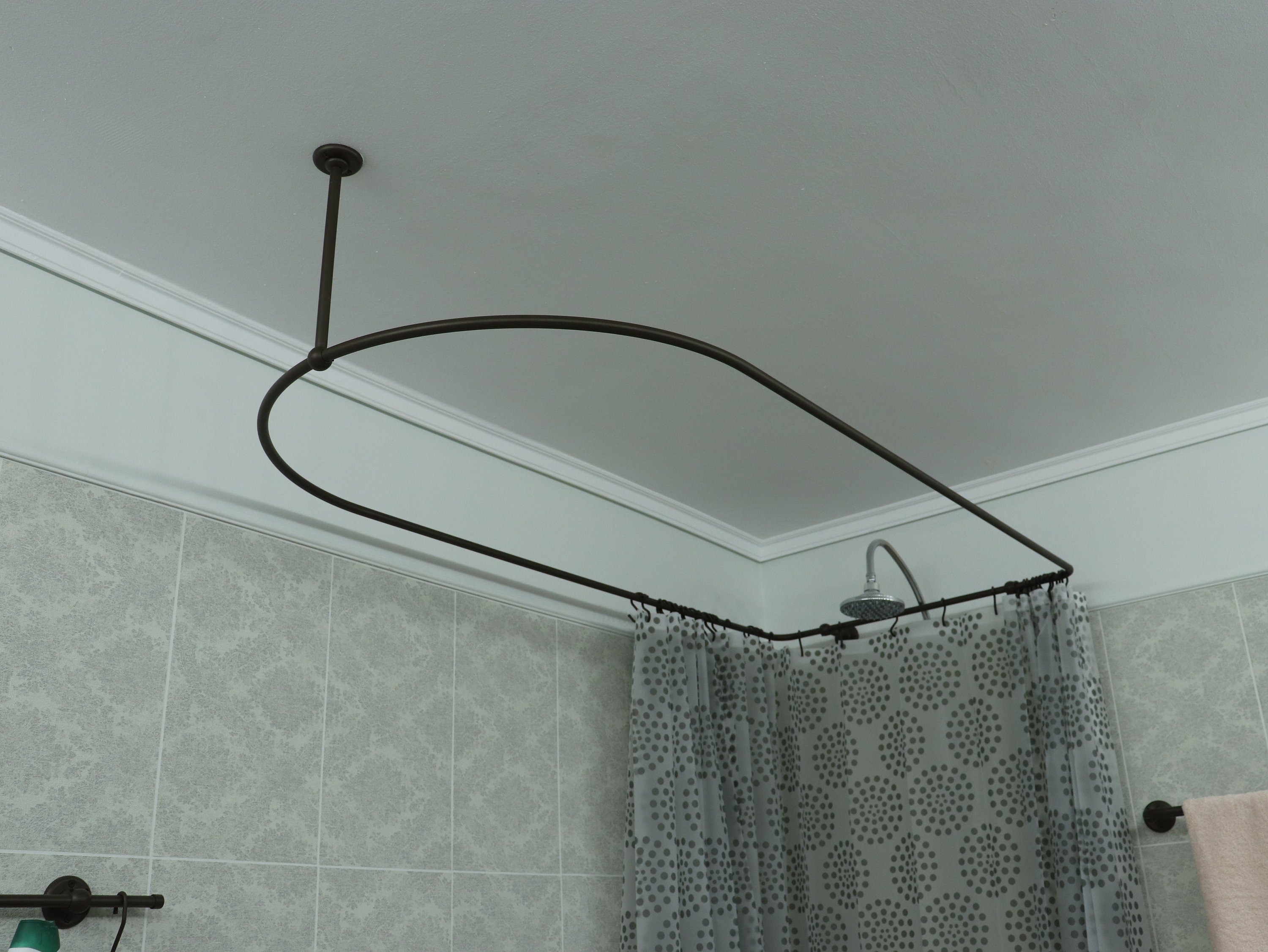Semi Oval & Square Shaped 360 degrees Shower Curtain Rod for Bathroom with 1x Front Ceiling Bracket and 2x Back Wall Brackets at Custom Size