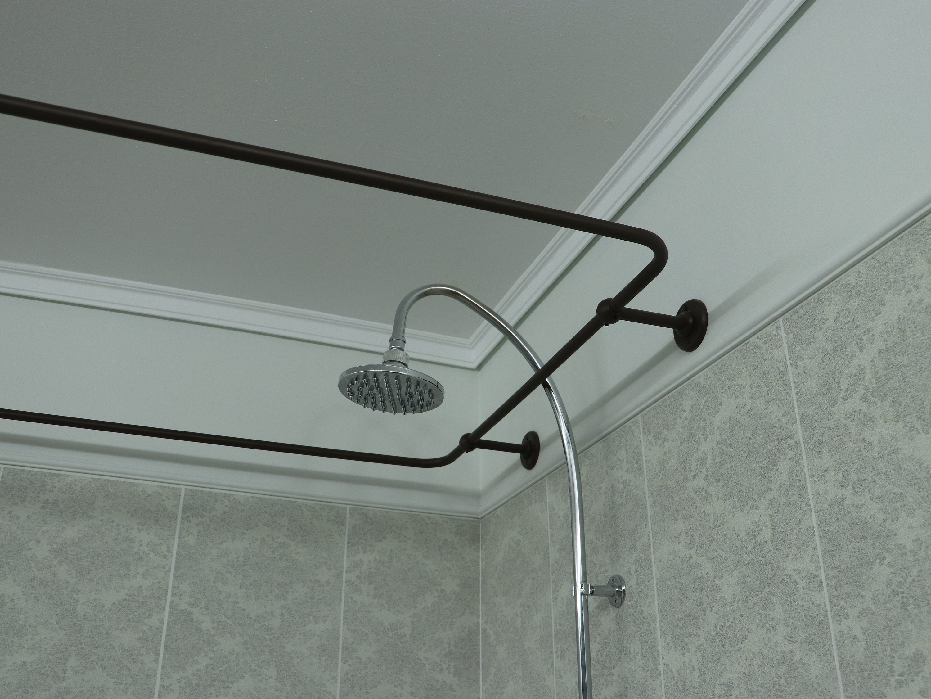 Semi Oval & Square Shaped 360 degrees Shower Curtain Rod for Bathroom with 1x Front Ceiling Bracket and 2x Back Wall Brackets at Custom Size