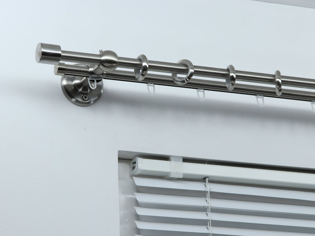Double Curtain Rod & Rail for Window, Steel Rings and Hooks, Rollers, Double Standard Wall Brackets and Cylinder Ends
