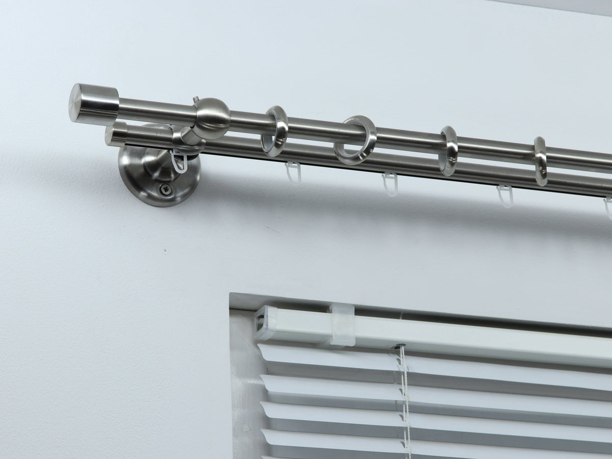 Double Curtain Rod & Rail for Window, Steel Rings and Hooks, Rollers, Double Standard Wall Brackets and Cylinder Ends