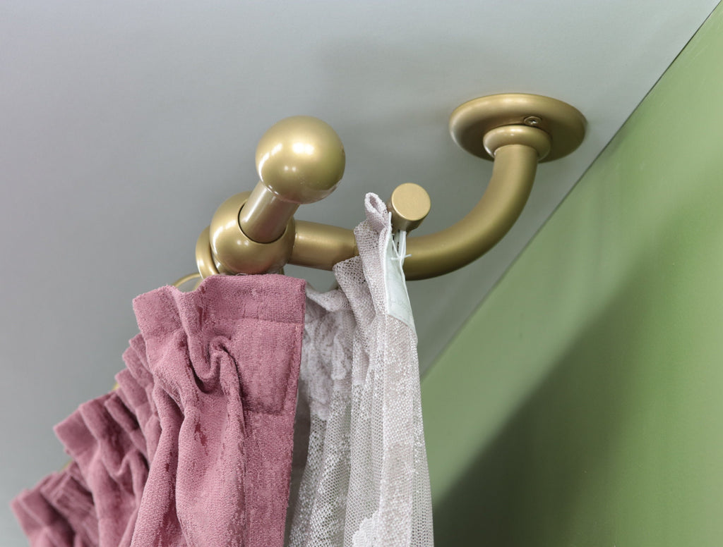 Double Curtain Rod & Rail with Different Pipes for Window, Steel Rings and Hooks, Rollers, Double Curved Ceiling Brackets and Ball Ends