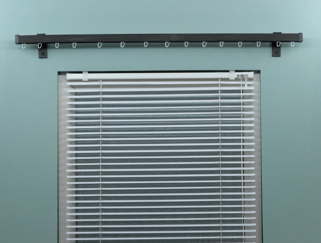 Single Wooden Window Rail, Veneered MDF OAK Profile and Aluminum Rail with Hook Rollers, Wall Brackets, Plug Ends and Metallic Color Finish