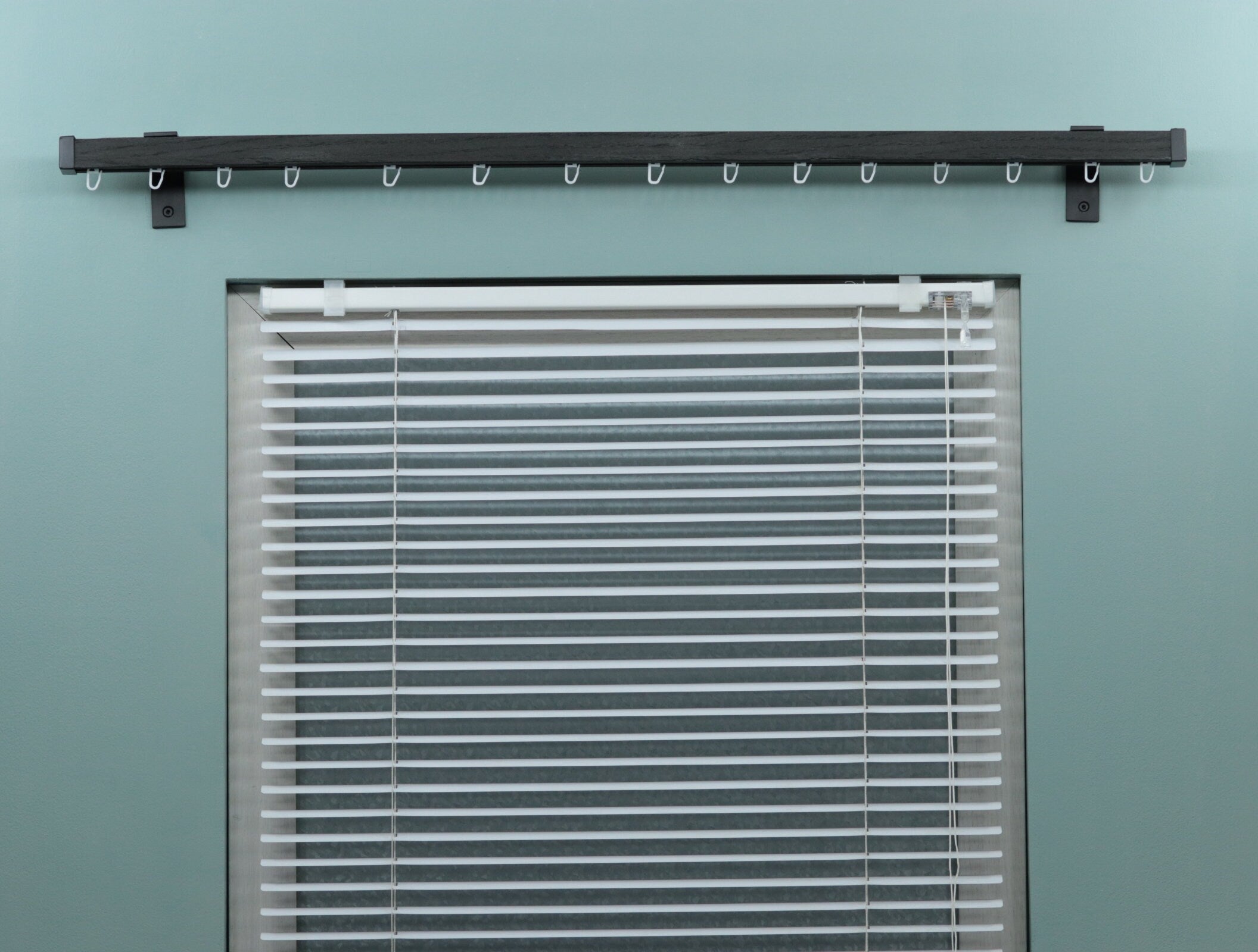 Single Wooden Window Rail, Veneered MDF OAK Profile and Aluminum Rail with Hook Rollers, Wall Brackets, Plug Ends and Metallic Color Finish