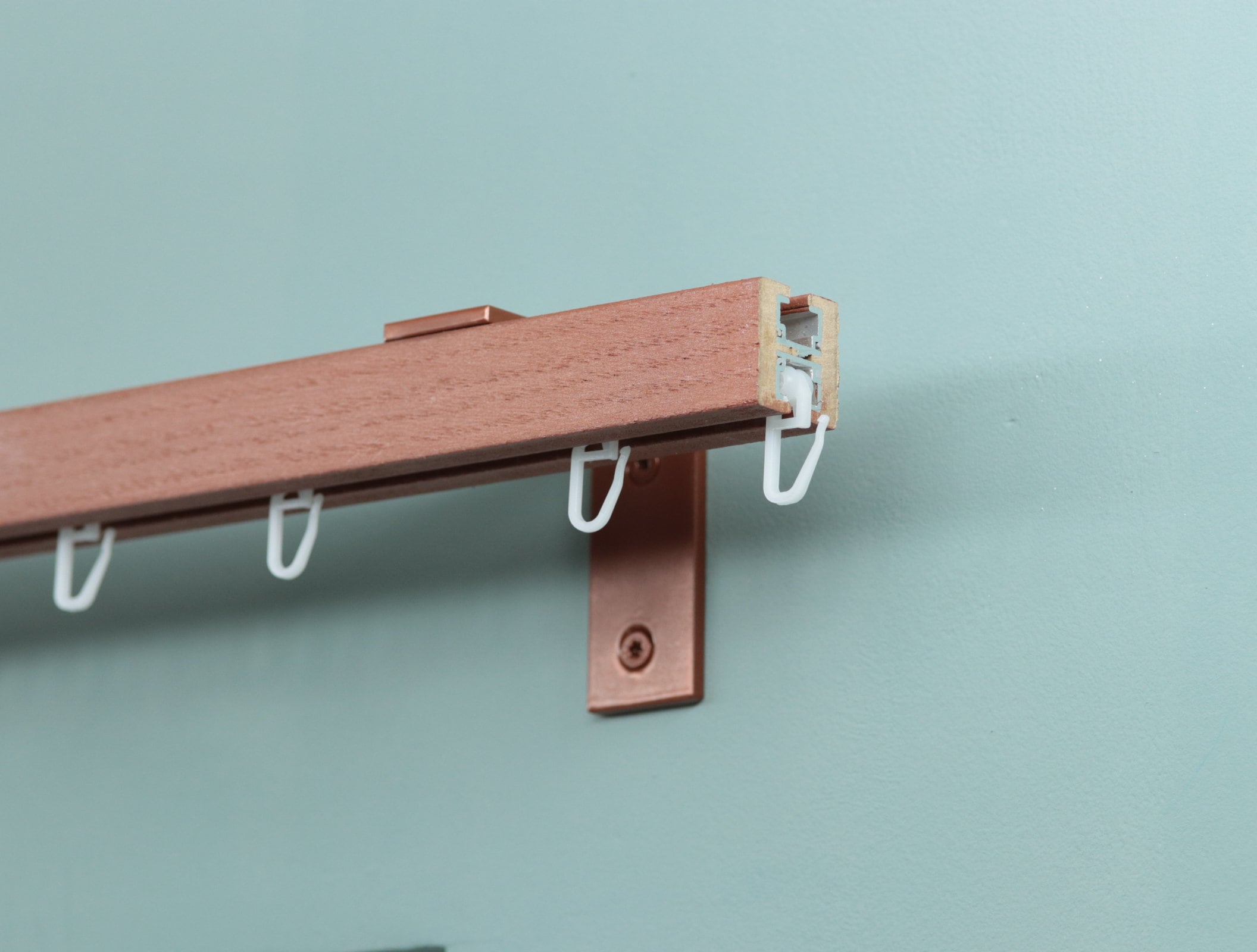 Single Wooden Window Rail, Veneered MDF OAK Profile and Aluminum Rail with Hook Rollers, Wall Brackets, Cube Ends and Metallic Color Finish