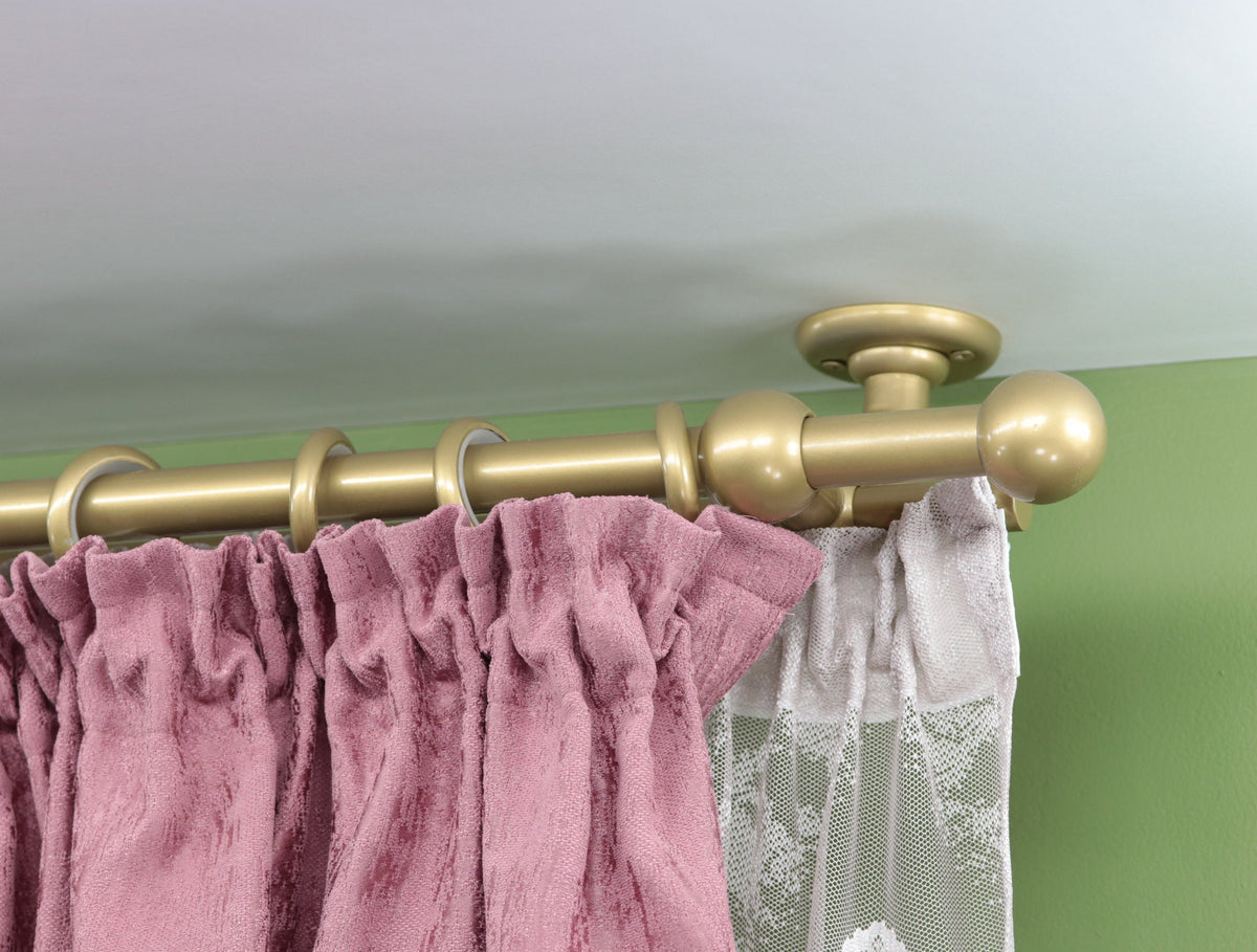 Double Curtain Rod & Rail with Different Pipes for Window, Steel Rings and Hooks, Rollers, Double Curved Ceiling Brackets and Ball Ends