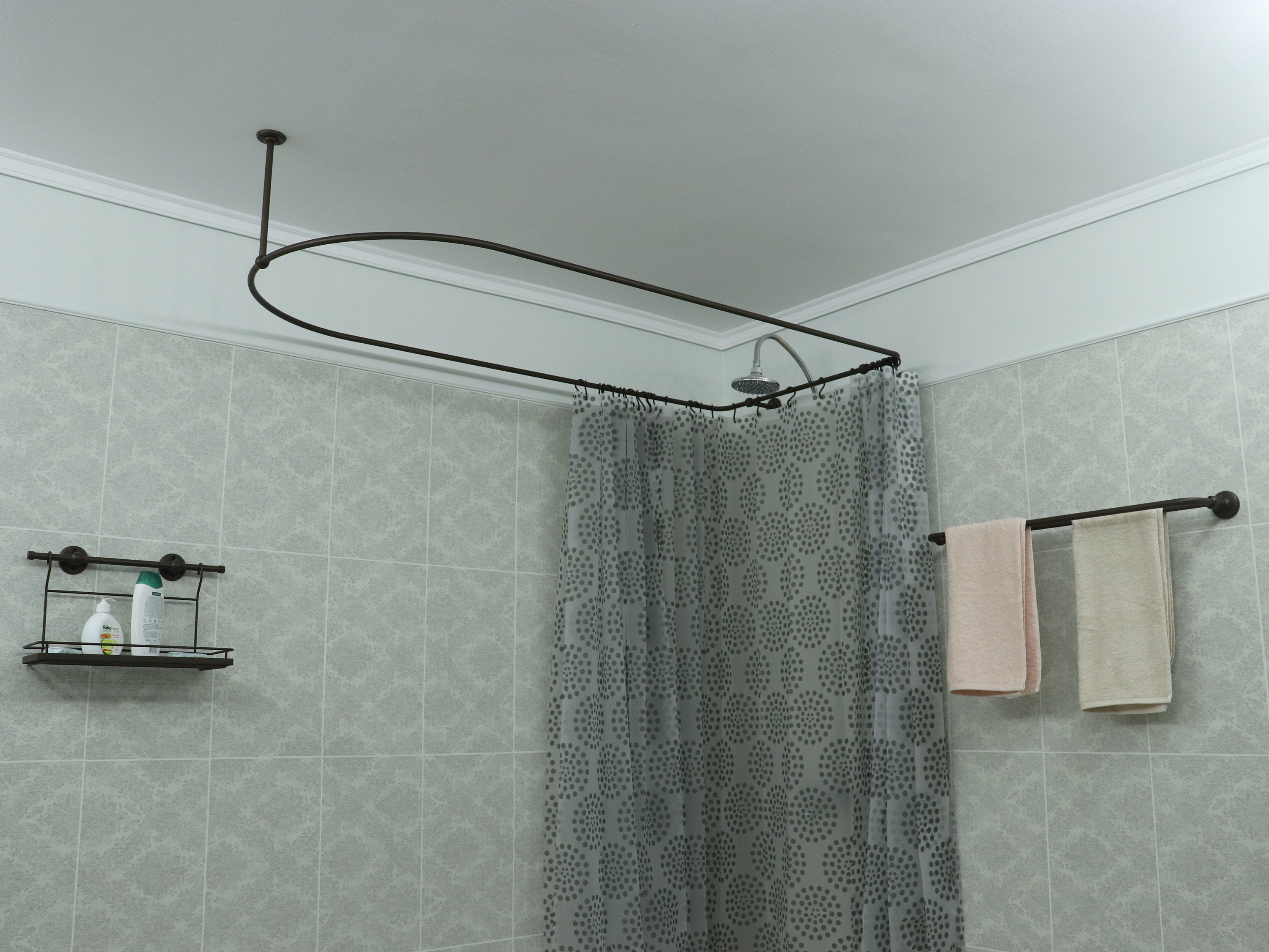 Semi Oval & Square Shaped 360 degrees Shower Curtain Rod for Bathroom with 1x Front Ceiling Bracket and 2x Back Wall Brackets at Custom Size