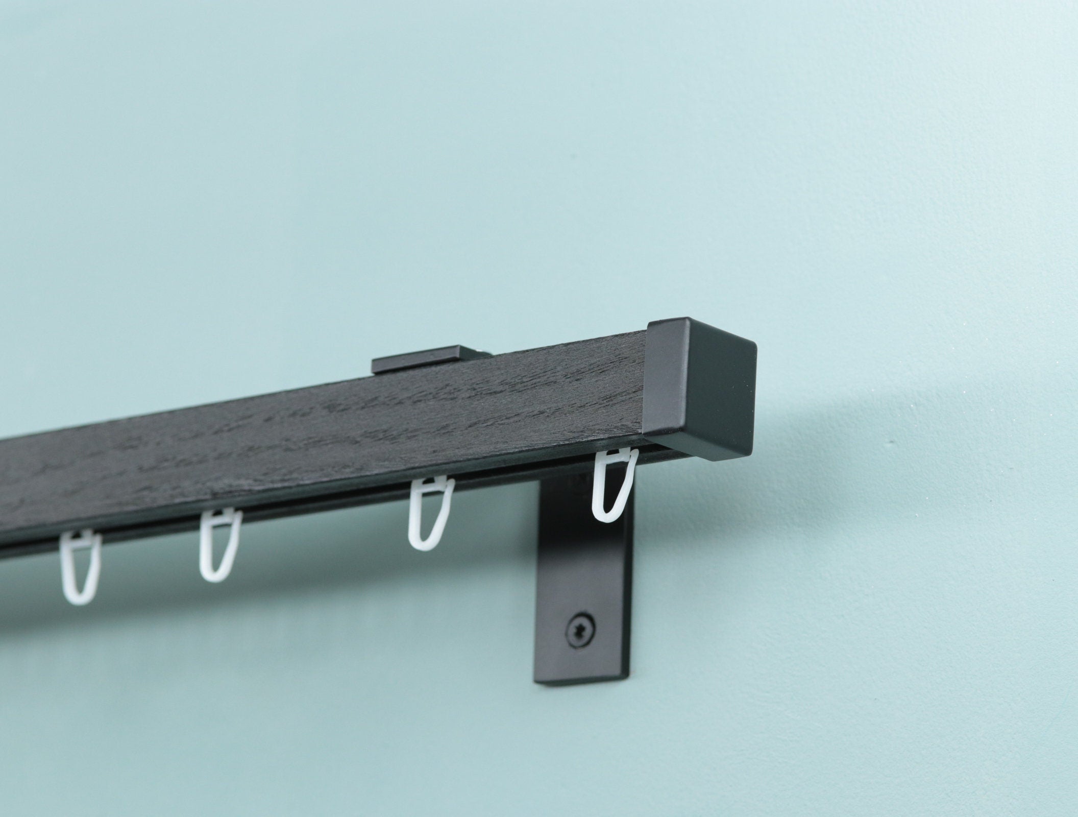 Single Wooden Window Rail, Veneered MDF OAK Profile and Aluminum Rail with Hook Rollers, Wall Brackets, Plug Ends and Metallic Color Finish