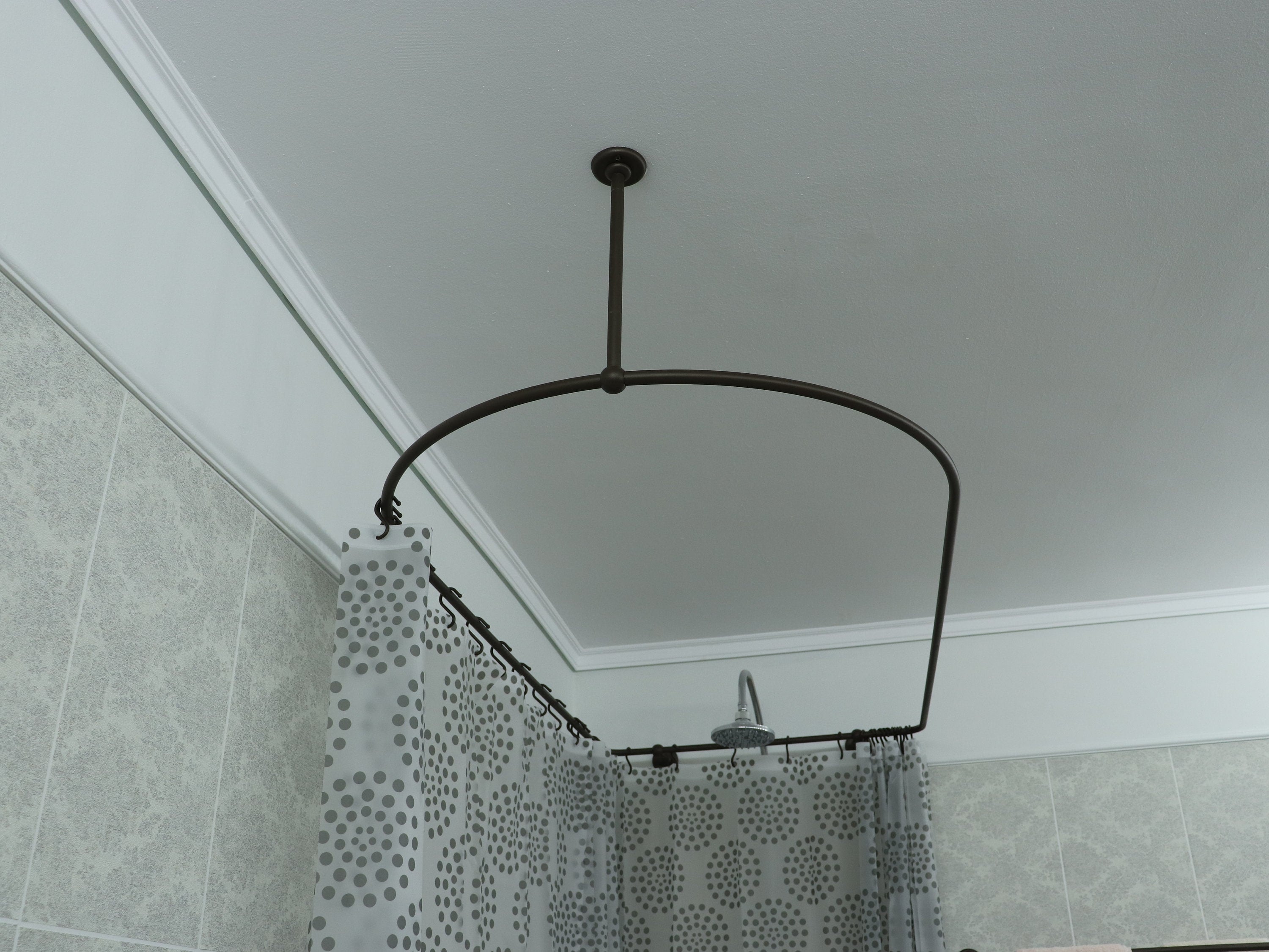 Semi Oval & Square Shaped 360 degrees Shower Curtain Rod for Bathroom with 1x Front Ceiling Bracket and 2x Back Wall Brackets at Custom Size
