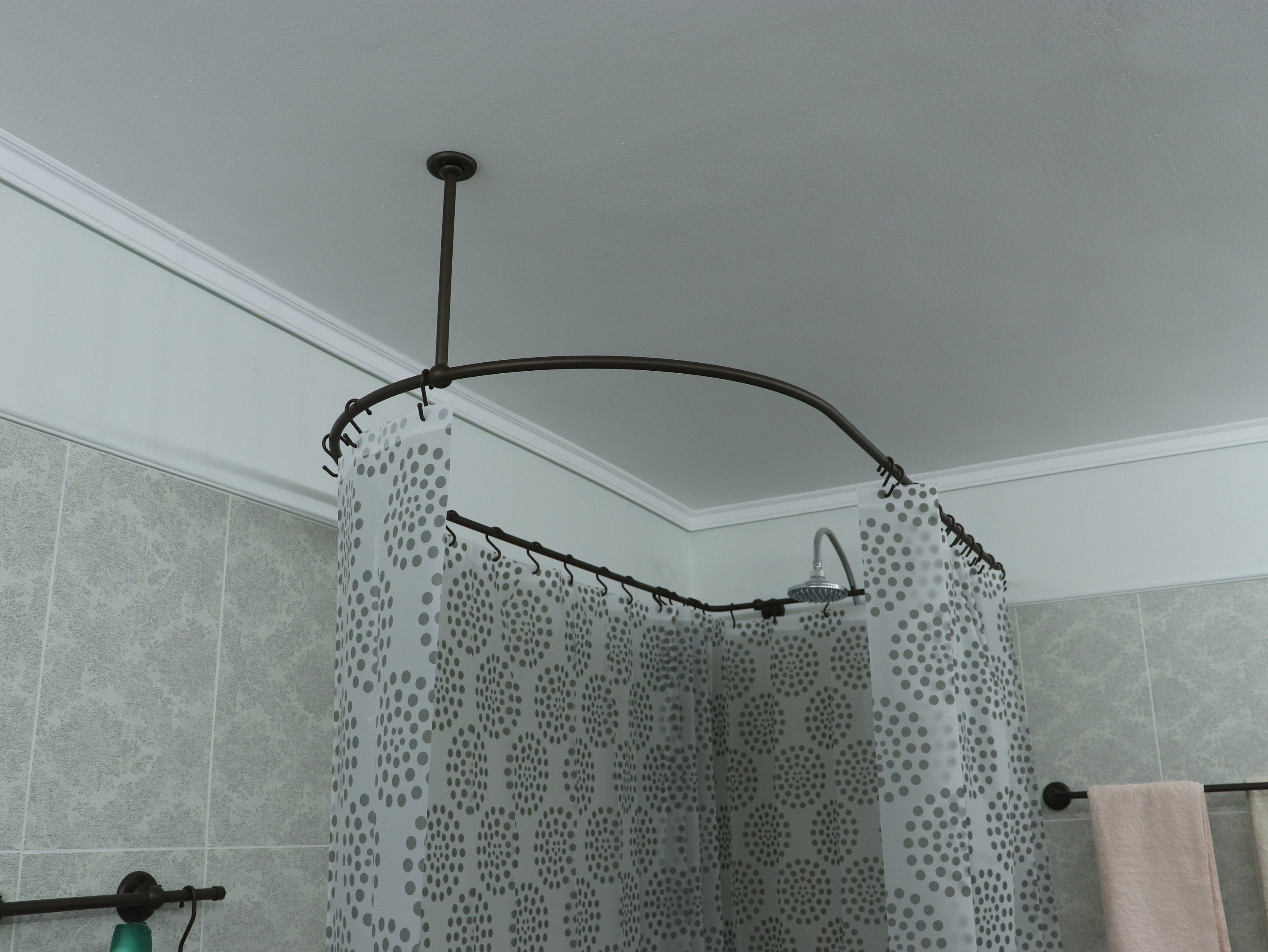 Semi Oval & Square Shaped 360 degrees Shower Curtain Rod for Bathroom with 1x Front Ceiling Bracket and 2x Back Wall Brackets at Custom Size