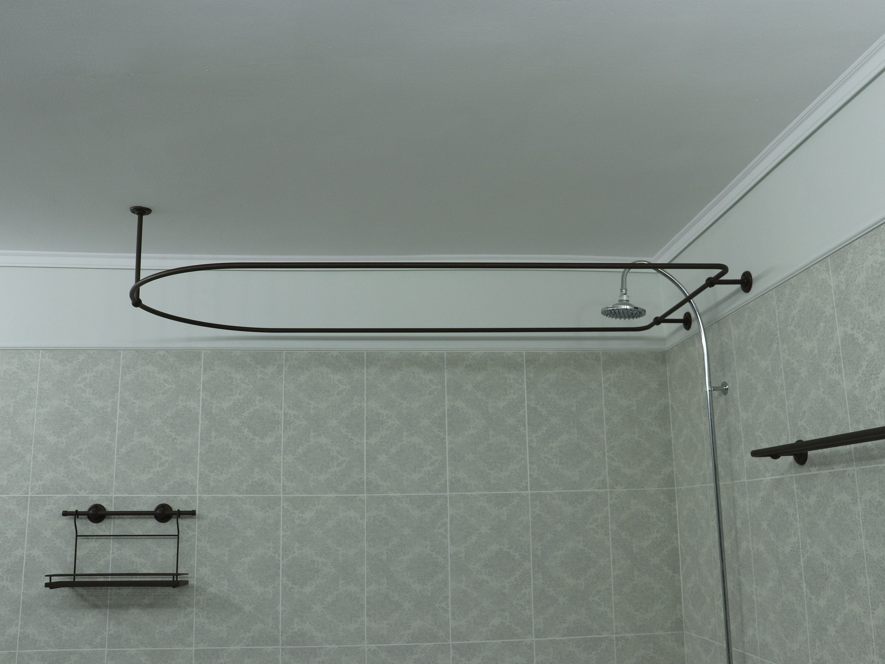 Semi Oval & Square Shaped 360 degrees Shower Curtain Rod for Bathroom with 1x Front Ceiling Bracket and 2x Back Wall Brackets at Custom Size