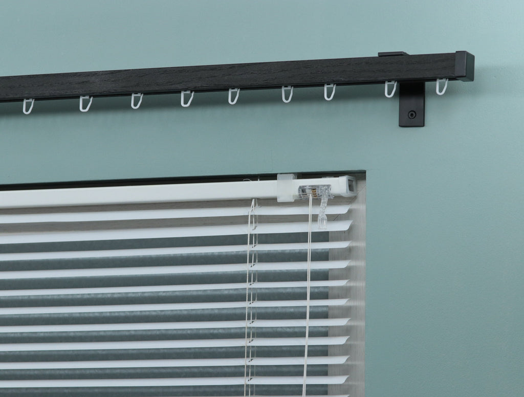 Single Wooden Window Rail, Veneered MDF OAK Profile and Aluminum Rail with Hook Rollers, Wall Brackets, Plug Ends and Metallic Color Finish