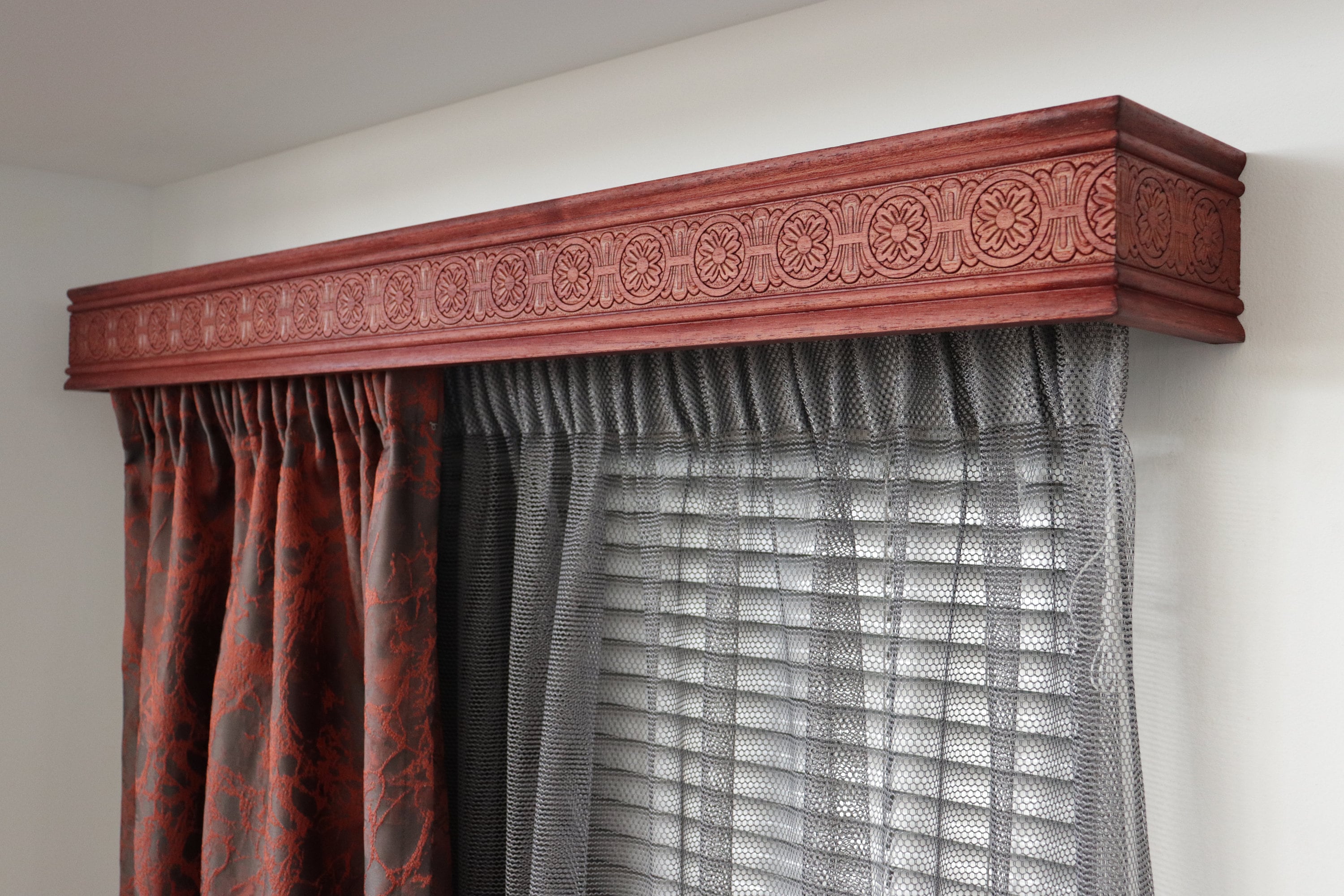 Double Window Cornice & Rail, Wooden Window Valance with Rail Mod.1- Flowers Pattern, Farmhouse Cornice Board, Wall Montage and Colors